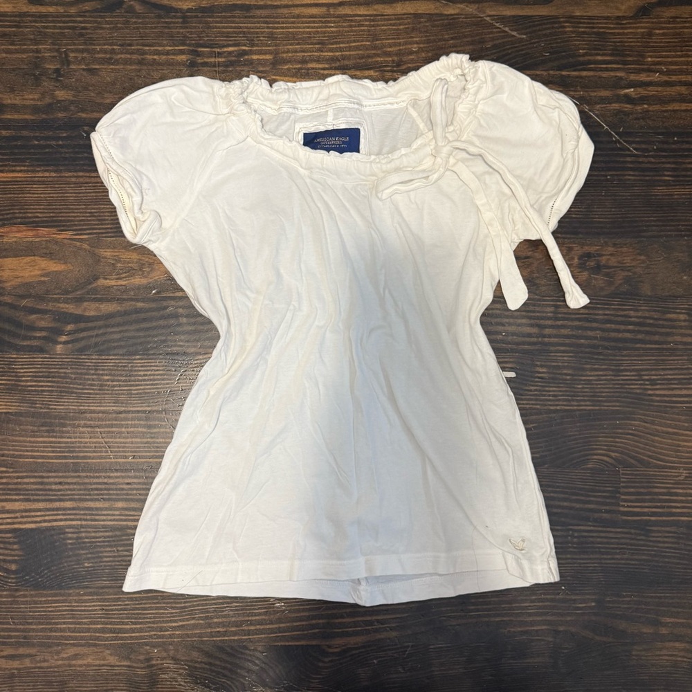 American Eagle Outfitters White Ruffle Tie Neck Short Sleeve Top